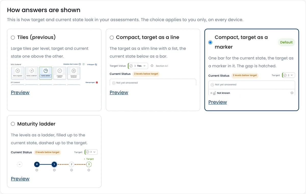 The section "How answers are shown" on the profile page with the four layouts and their preview